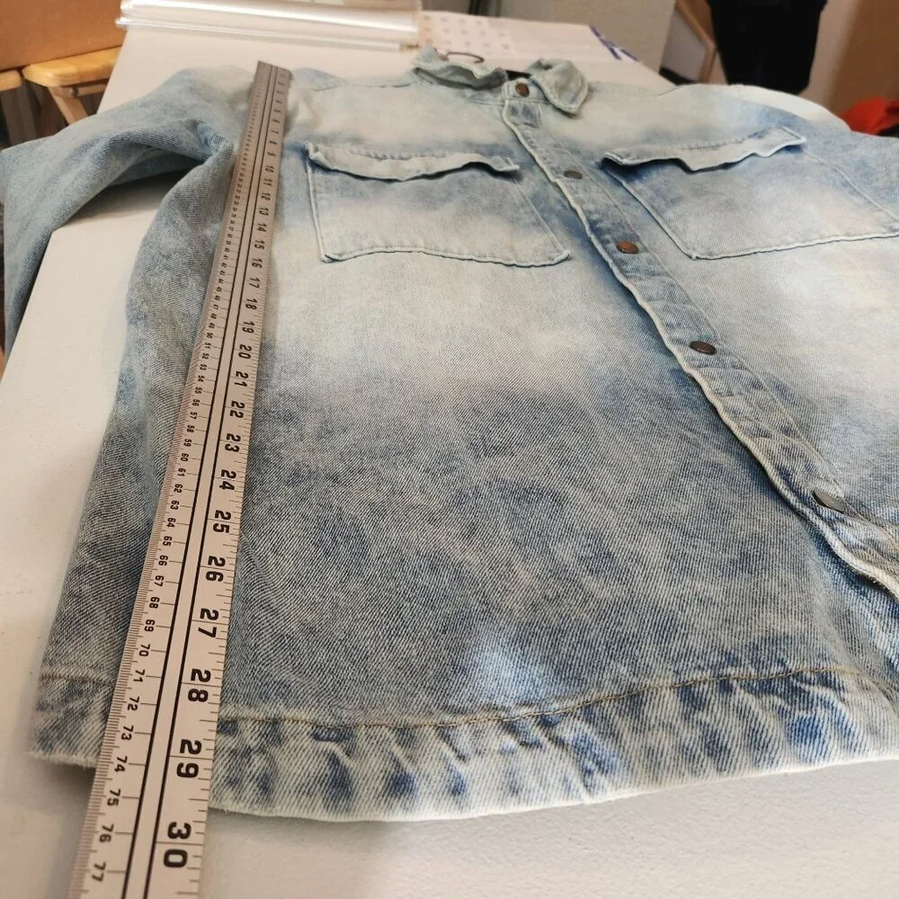 No Boundaries Acid Wash Denim Button-Up Shirt Y2K Long Sleeves Large